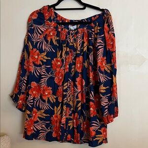 Tamsy Leaf Pattern Off Shoulder Women's Top Navy Coral NWT 3x